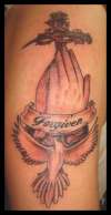 CROSS, PRAYING HANDS, BIRD tattoo