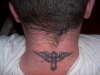 cross with wings n star on neck tattoo