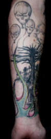 death ballons,tree,flames tattoo