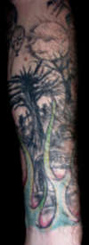 tree,moon,graveyard,flames,ballon tattoo