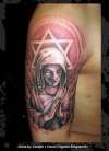 Praying Mary with 6 stars ,a star of david on clouds tattoo
