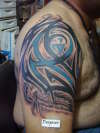 TRIBAL WITH COLOR ,BLACK AND FEATHER tattoo