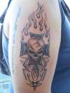 Skull, iron cross, flames + Pin striping tattoo